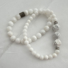 Stackable Stretch Beaded Bracelet Set White Round Howlite Beads Silver Tone