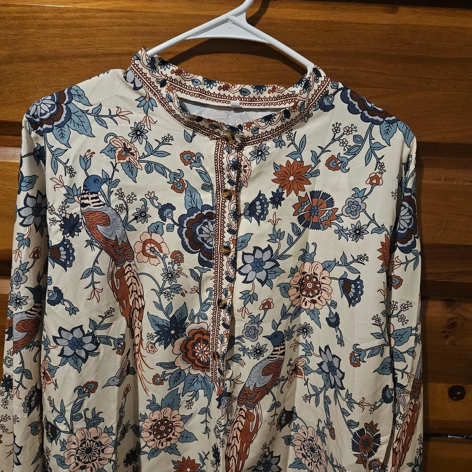 Blusa Floral Para Mujer Talla XL Suelta Boho Hippie Chic Pájaros Caprichosa Manga Larga Foto 2 de 4