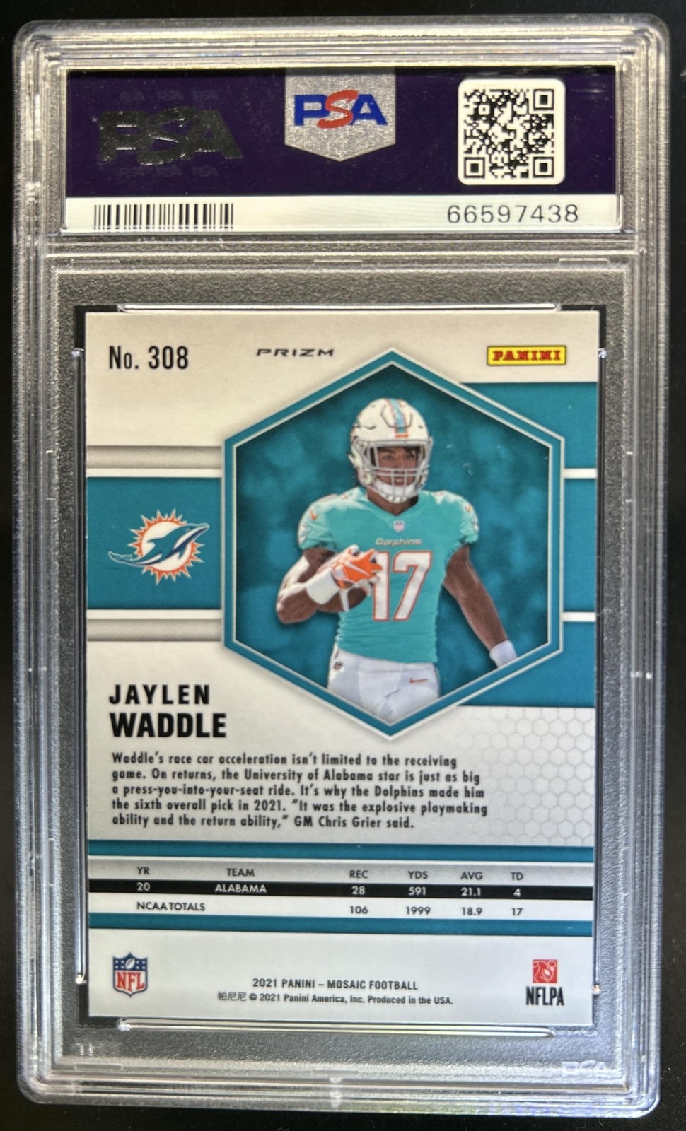 2021 Panini Mosaic Jaylen Waddle Mosaic Prizm Rookie RC #308 Dolphins PSA 10 view 2