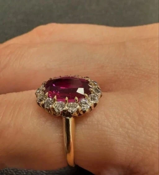 3.28 Ct Oval Cut Natural Ruby Diamond Halo Statement Ring 14K Yellow gold All Sz - Image 3 of 4