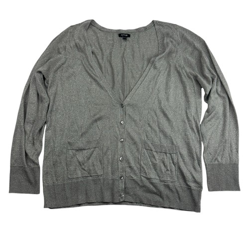 Apt. 9 Silver Metallic Button Front Cardigan Sweater V-Neck Knit Plus Sz 0X - Picture 1 of 10