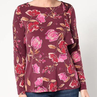 Susan Graver Size 3X Wine/Magenta Foil Printed Liquid Knit LS Top w/ Tie Detail