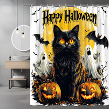 Halloween Cat Shower Curtain, Black Cat Pumpkin Ghost Design, Spooky Bathroom