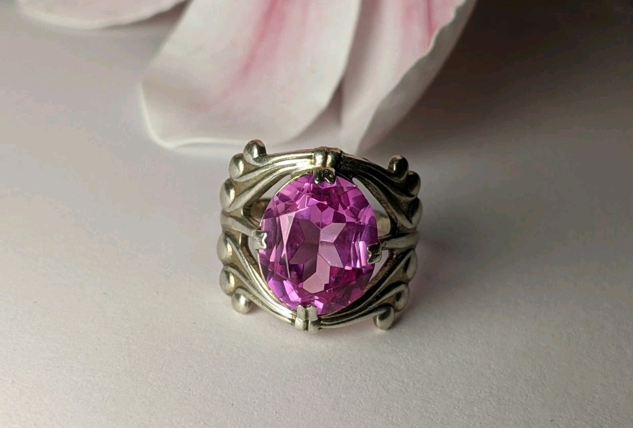 Vintage Soviet ring, 875 silver, pink ruby corund… - image 1