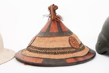African Conical Fulani Hat. Woven Straw and Leather Fabric Authentic VINTAGE