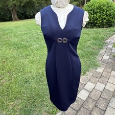 En Focus Navy Blue Sheath Dress Size 4 with Gold Metallic Accents