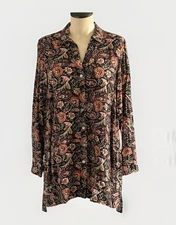 J Jill Women's Button Front Tunic Shirt Brown/Orange Paisley Print L/S • XSP
