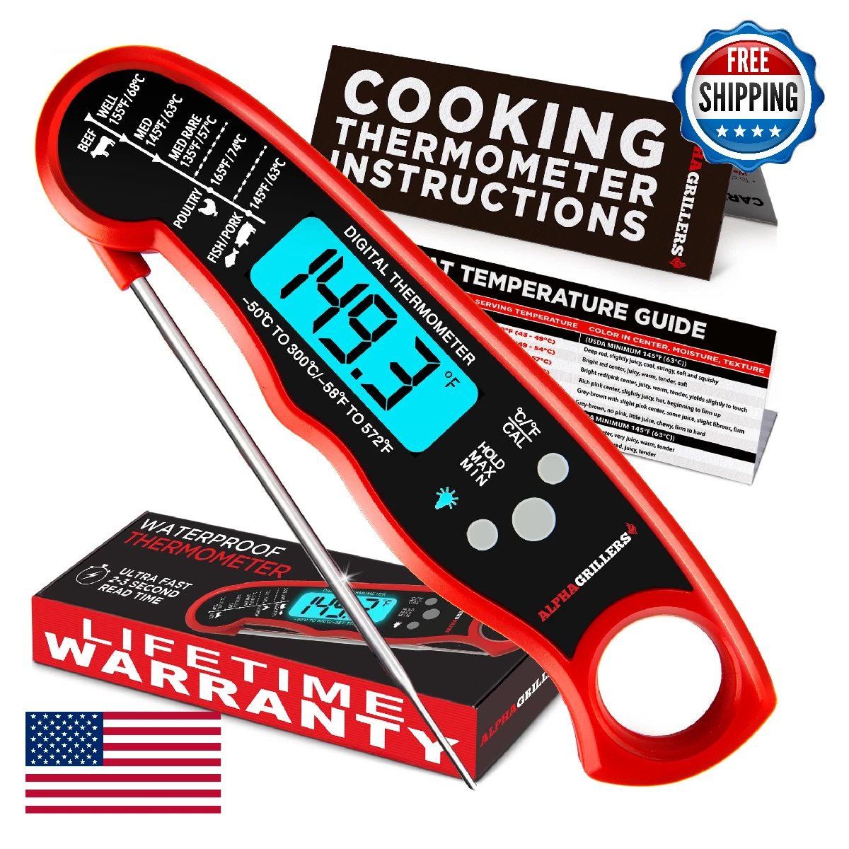 Alpha Grillers Instant Read Meat Thermometer - Digital Food Cooking BBQ Grill