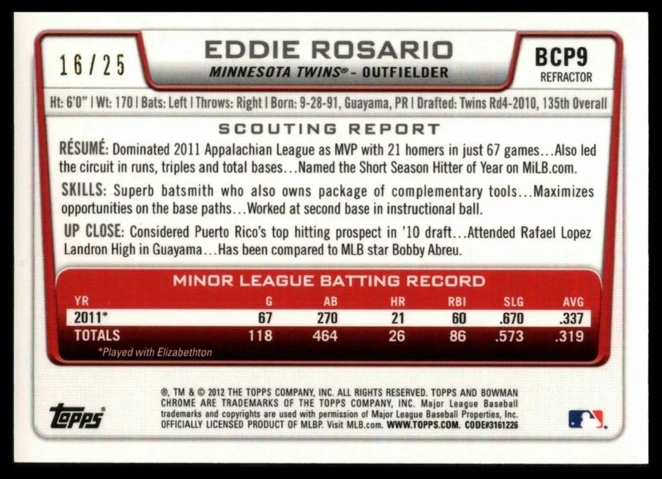 Bowman Chrome Prospects Orange Refractor 2012 #BCP9 Eddie Rosario Twins/25 Foto 2 de 2