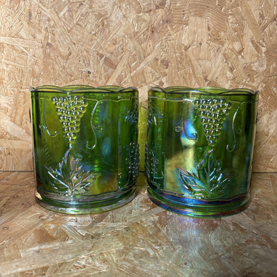 2 Vintage Indiana grüne Traube Karneval irisierend Glas Pflanztopf Übertopf 15x14c