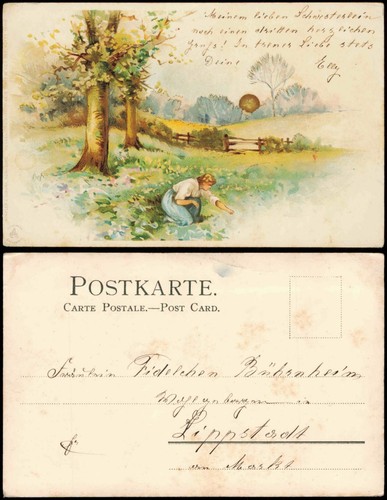 Ansichtskarte  Goldsonne Sonnenschein Frau auf Wiese Künstlerkarte 1909