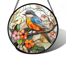 Stained Glass Window Hanging, Blue Bird Pink Flower 7.8x7.8 IN Colorful Bird