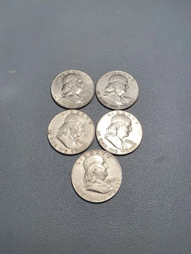 5 (five) Ben Franklin 90% Silver Circulated Half Dollars All 1963 D - FV $2.50