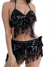 Women 2Pcs Belly Dance Dress Sequin Tassel Bra Top with Fringe Hip Scarf Set...