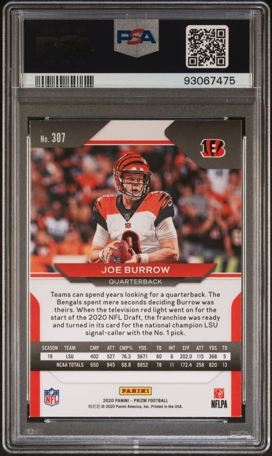 2020 PANINI PRIZM #307 JOE BURROW ROOKIE RC PSA 10 view 2