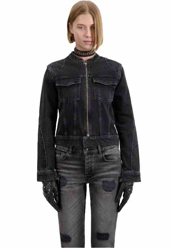 The Kooples Jeans Moto Jacket Women size Large Black Washed NWT - Main Image