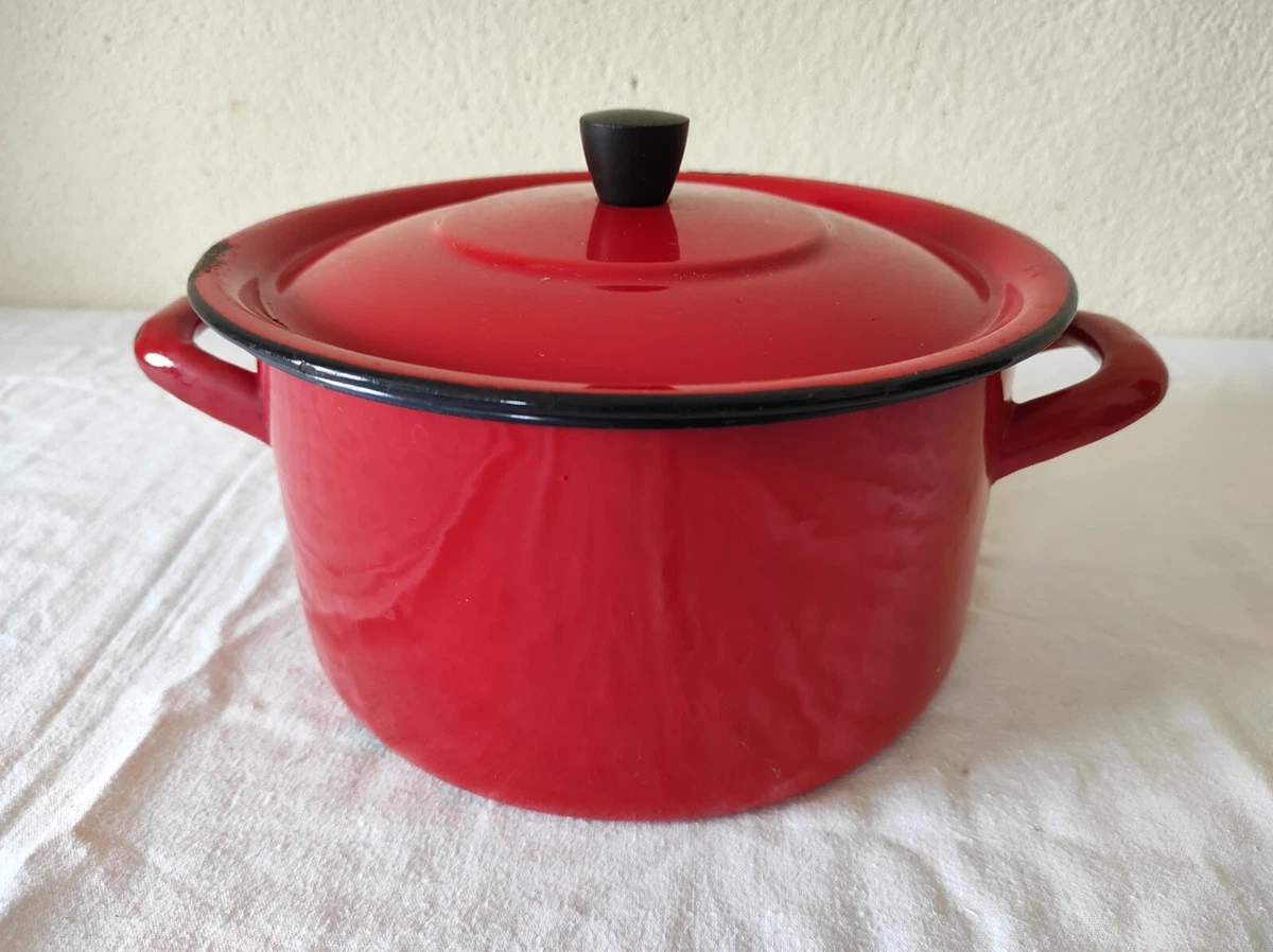 Lot Ancien Casserole Et Petit Plat émaillé Rouge à Pois Blancs - Style Shabby