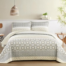 WONGS Boho Quilt Set Queen King, Beige Bohemian Striped Patchwork, Microfiber