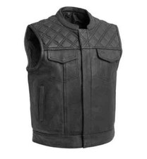 Men  s Black Real Cowhide Leather Motorcycle Biker Vest Diamond Cut Quilted Club