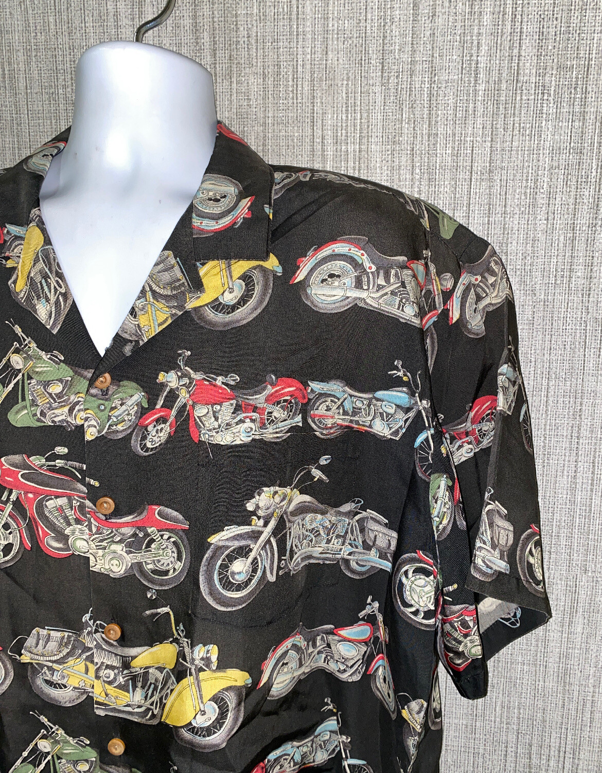 Vtg Paradise Found Mens Motorcycle Print Aloha Hawaiian Shirt 27 In Armpit