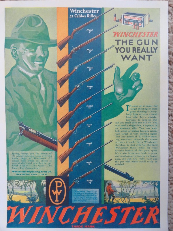 Winchester Firearms Advertising Poster 1920's Features 9 Vintage WIn .22 Rifles 