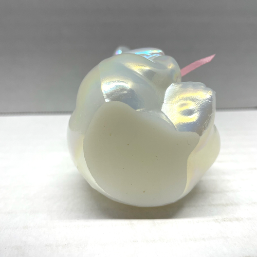 Fenton White Iridescent Opaline Glass Teddy Bear Figurine Pink Rose & Bow Vtg - Picture 6 of 12