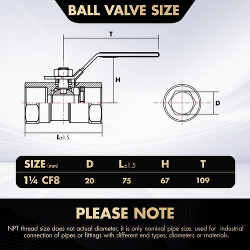 1-Piece 11/4 " Ball Valve,316 Stainless Steel,1000 WOG Water 2PACK,standard port - Picture 7 of 8
