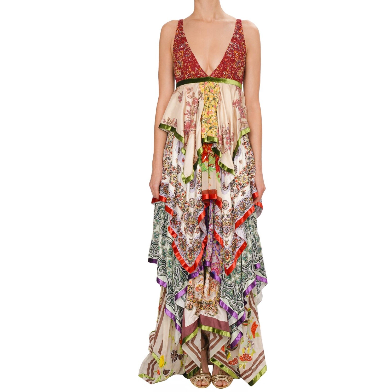 DSQUARED2 RUNWAY Sequin Pearl Embroidery Maxi Train Dress Red Beige Green 12321