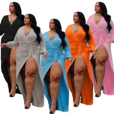 Plus Size Women Sexy Solid Color V Neck Long Sleeve High Slit Dress with Belt