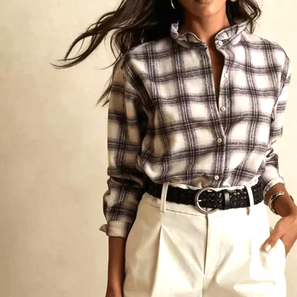 NWT Banana Republic Sz M Womens Shirt Button Up Wool Blend Plaid Ruffle Neck