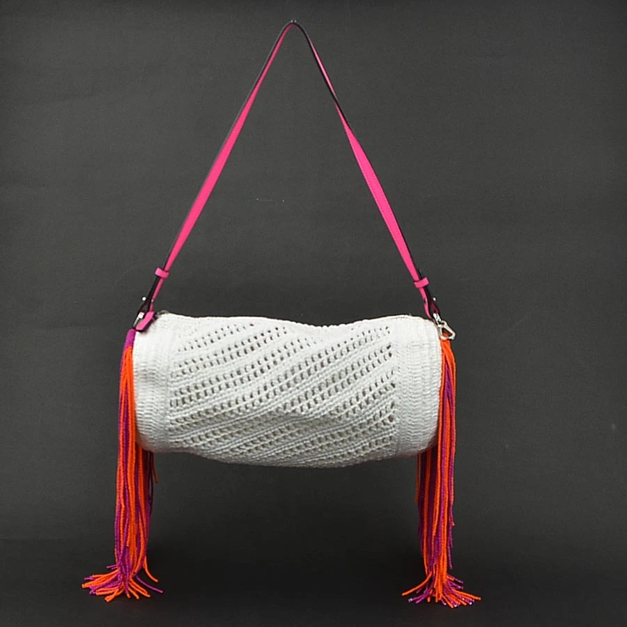 Loewe — Auth LOEWE Beads Fringe Shoulder Bag White/Pink/Purple/Orange Raffia - e60658j