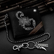 Mens Biker Leather Wallet Scorpion Bifold Credit Card Wallet Purse With Chain