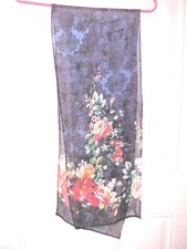 Scarf Sheer Oblong Navy With Multicolored Flowers 60-1/2" Long 9-1/2" Wide Used