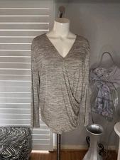 New Woman’s Stylus Smoky Gray Long Sleeve Faux Wrap Blouse Top Size L Large