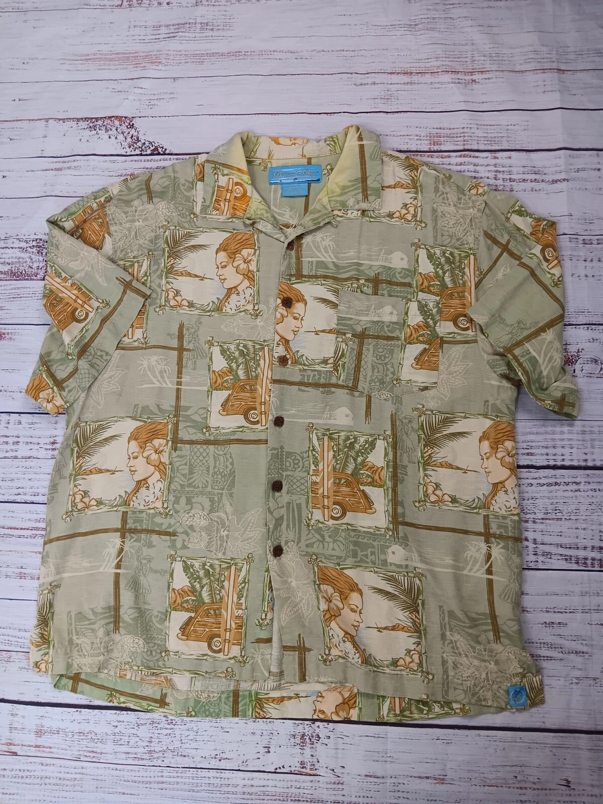 Bermuda Bay Hawaiian Shirt L/G Green Beige Hula Girl Floral Old Car Palms