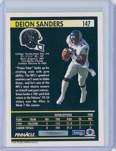 DEION SANDERS *HOF* 1991 Score #147 - Picture 2 of 2