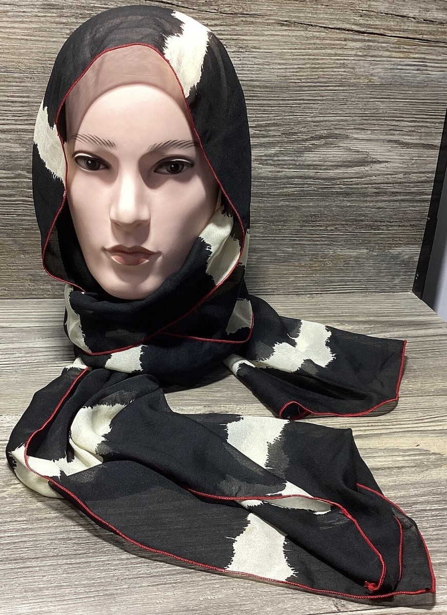 Vintage Italian Black Cream Striped Head Scarf Red Edge Italy