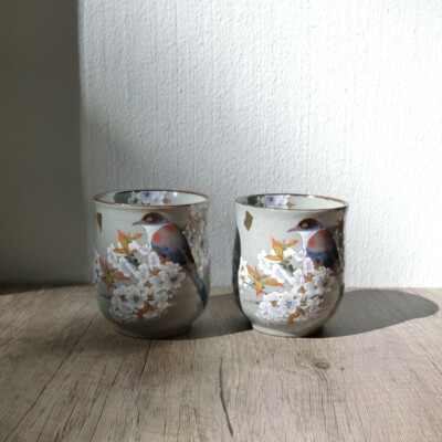KUTANI Japan Yunomi Teetasse ''sakura Vögel, Blattgold'', für 2 Personen Set