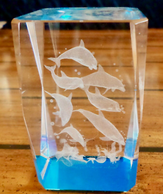 3D Laser Etched Crystal Glass Fish Blue Bottom Base 3'' Rectangular Paperweight
