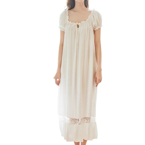Camisón de mujer princesa manga corta cuello cuadrado algodón suave vestido largo para dormir - Imagen 6 de 34