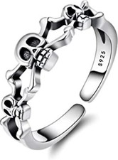 925 sterling Silver Skull and cross-bones open cuff ring, open work crossbones