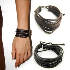 Women Men Hand-woven Fashion Multilayer Leather Braided Rope Wristband Brace