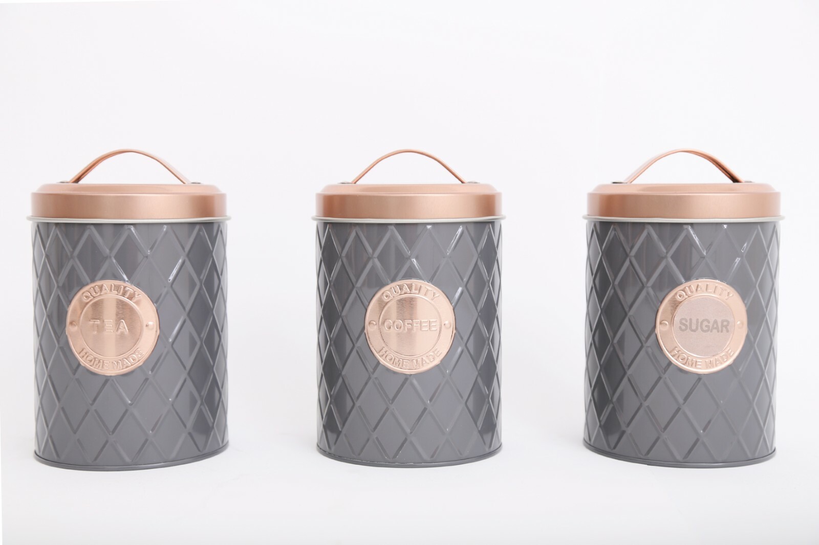 Black and Copper Tea Coffee Sugar Jars Embossed Diamond Design