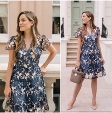 Gal Meets Glam Bridget Dress Blue Embroidered Floral Dress Size 4