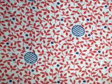 Vtg Feedsack Fabric Full Open Red Vines Leaves Blue Circles 37x46.5"