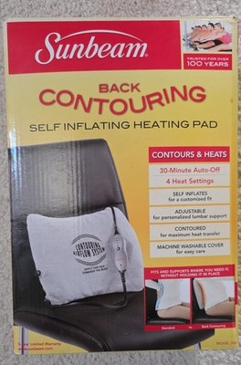 Sunbeam Contouring Heating Back Pad Self Inflates Adjustable New Washable Cover