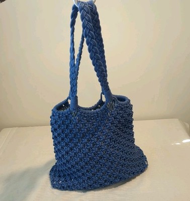 TALBOTS Knotted Cord Crochet Knit Woven Tote Handbag Shoulder Boho Hippie Blue