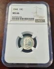 1944 MERCURY DIME NGC MS-66 10C SILVER COIN UNCIRCULATED NEAR FB -  TRUSTED