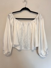 ASOS Design White Satin Bardot Bishop Sleeve Top - Size UK 12