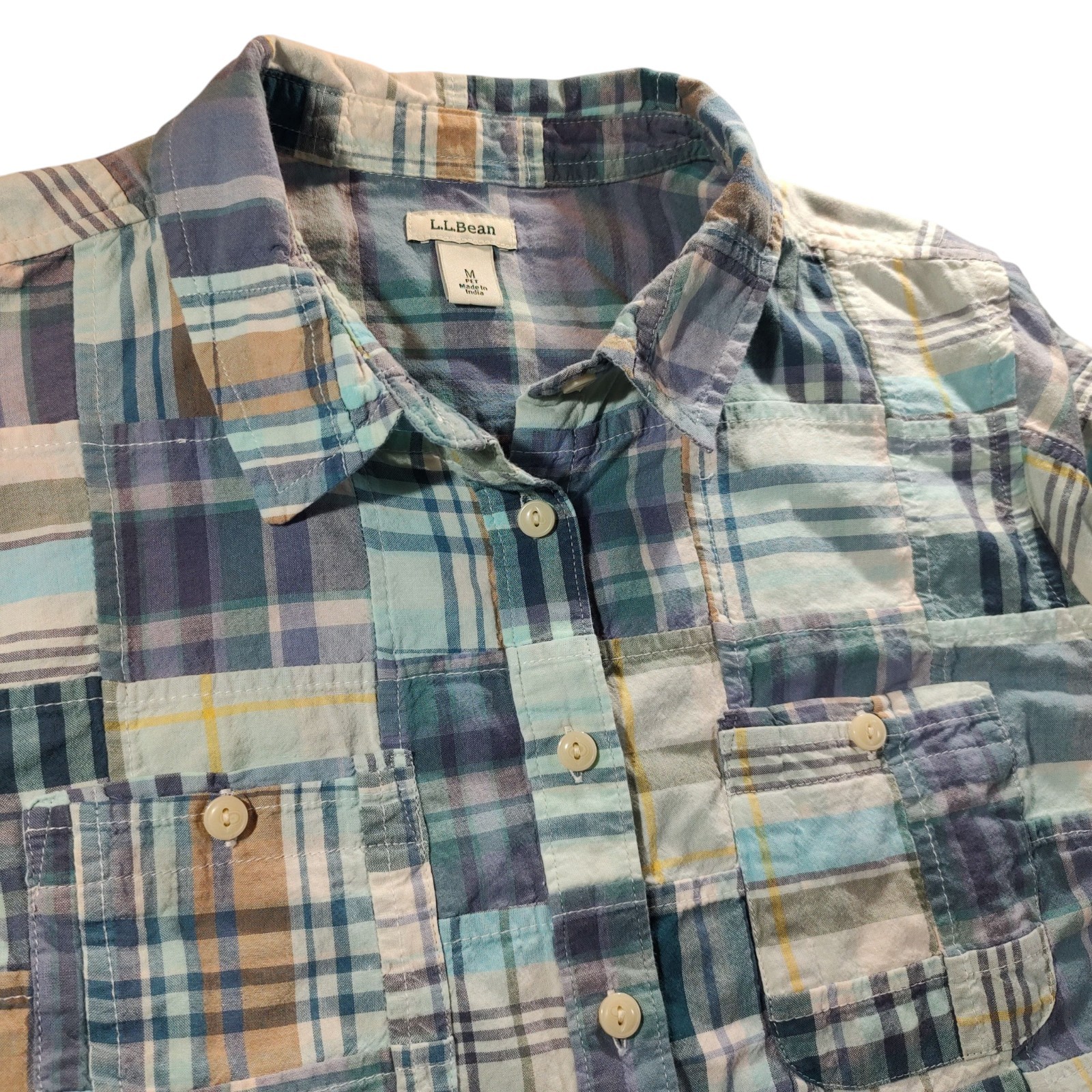 LL Bean Patchwork Madras Plaid Button Up Top Long… - image 1